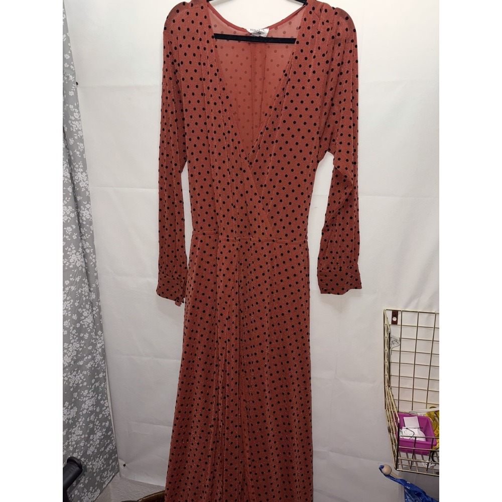 ***FLAW Unique Vintage Flare Dress Womens 1X Rust Sparkle Polka Dot Long Flowy